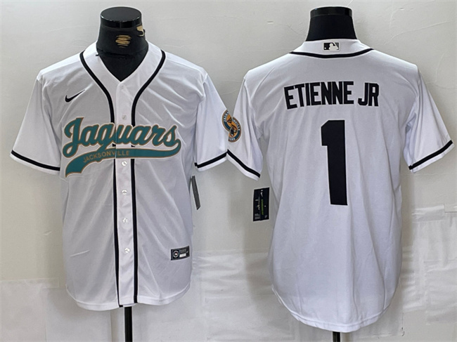 Men's Jacksonville Jaguars #1 Travis Etienne Jr. White With Patch Cool Base Stitched Baseball Jersey